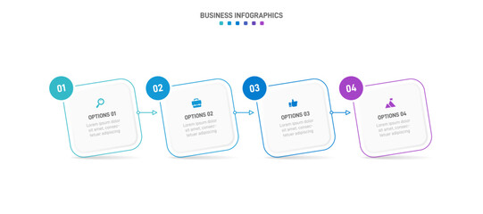 Timeline infographic with infochart. Modern presentation template with 4 spets for business process. Website template on white background for concept modern design. Horizontal layout.