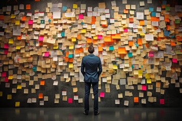 a man in business clothes standing with his back turned in front of a huge wall with sticky notes, cutouts and threads connecting the information. Detective investigative work in finance or business - obrazy, fototapety, plakaty