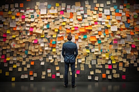 a man in business clothes standing with his back turned in front of a huge wall with sticky notes, cutouts and threads connecting the information. Detective investigative work in finance or business