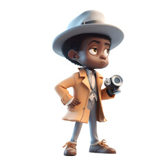 Cute African American detective with a gun. 3D illustration.