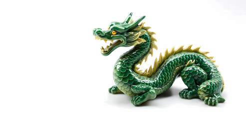 green, ceramic dragon on a white background, space for text, illustration, symbol of the new year 2024