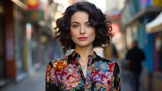 Portrait of an Iranian beauty over 30 years old. Iranian woman with short hair with a seductive presence and charm walking the streets.
