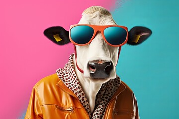 A portrait of a funky cow wearing sunglasses, funky jacket on a seamless pink and blue background