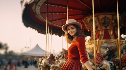 Attractive girl red dress having fun in the park posing on a carousel background.