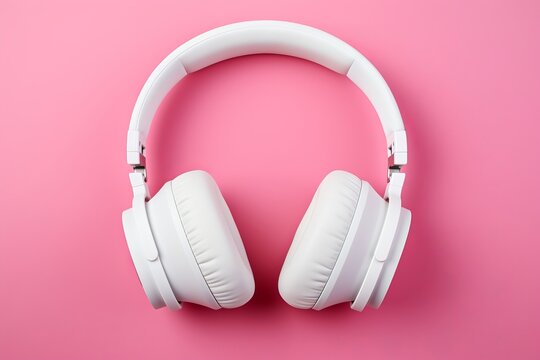 a studio photo of on-ear headphones on a solid color background, white and pink colors, negative space for text