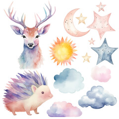 Watercolor cute bunny and elephant set. Vector clip art image with hand drawn nursery elements, wall stickers.