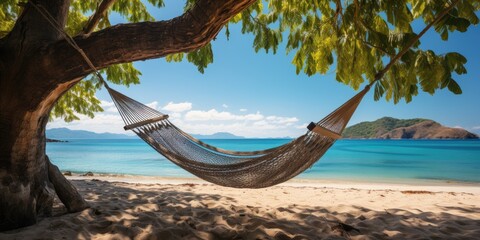 Fototapeta premium Romantic cozy hammock the shadow of the palm on the tropical beach by the sea. Generative AI
