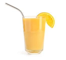 Glass of fresh orange juice with straw isolated on white background