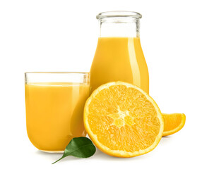 Glass and bottle of fresh orange juice isolated on white background