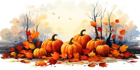 Watercolor composition of pumpkins and autumn leaves. Composition of Halloween. Generative AI