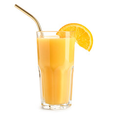 Glass of fresh orange juice with straw isolated on white background