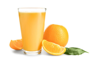 Glass of tasty orange juice and ripe fruits isolated on white background