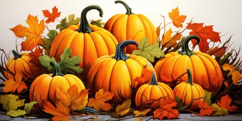 Naklejka na ściany i meble Watercolor composition of pumpkins and autumn leaves. Composition of Halloween. Generative AI