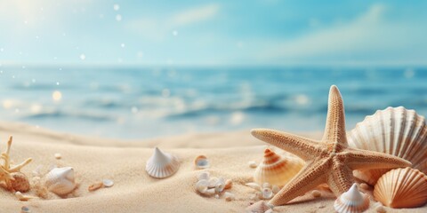 Fototapeta na wymiar starfish on the sand against the backdrop of a wave. Generative AI