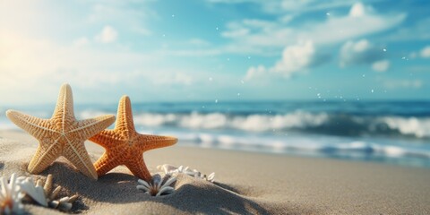 Fototapeta na wymiar starfish on the sand against the backdrop of a wave. Generative AI