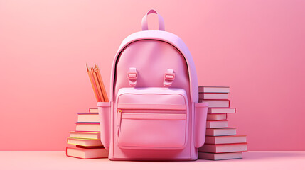 3D illustration of pink backbag and school supplies on pink background