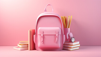 3D illustration of pink backbag and school supplies on pink background