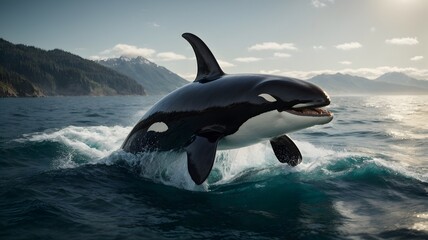 photo killer whale jumping on water - obrazy, fototapety, plakaty