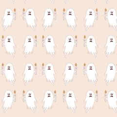 Halloween vector seamless pattern. Flying scared ghost with candle in retro style.