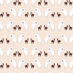 Halloween vector seamless pattern. Cute flying ghost with black cat in retro groovy style.