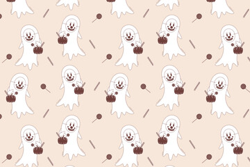 Halloween vector seamless pattern. Ghost in creepy clown mask with pumpkin basket full of candies in retro style.