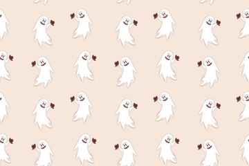 Halloween vector seamless pattern. Flying ghost with bowler hat in retro style.