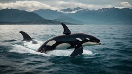 photo killer whale jumping on water