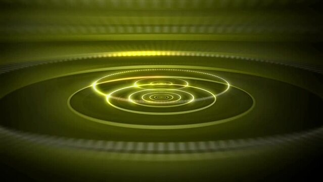 4K yellow signal waves animation in loop. Vibrant and shiny glowing ripples. Hypnotizing spiral circulars radiating outward stock video.  