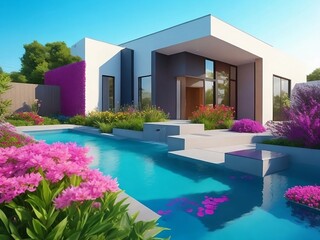 Fototapeta na wymiar Modern house with pool and landscaping