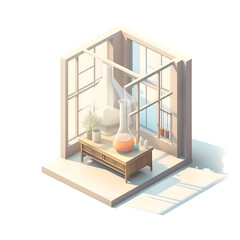 3D isometric view of a room with a window. a vase with flowers and a vase.