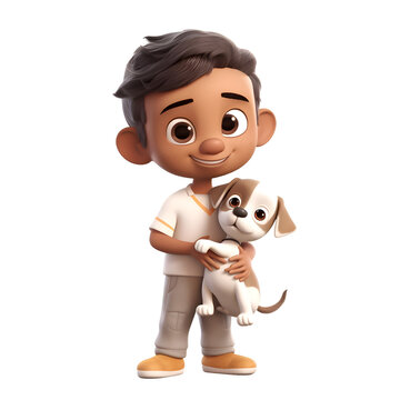3d illustration of a boy with a dog. isolated white background
