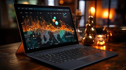 Laptop screen with financial dashboard, multiple charts and graphs. Generative AI