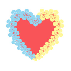 Pink heart with blue and yellow flowers isolated on white background. Emoticons symbol modern, simple, printed on paper. icon for website design