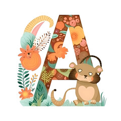 Obraz na płótnie Canvas Alphabet Letter A with cute cartoon animals and flowers. Vector illustration.