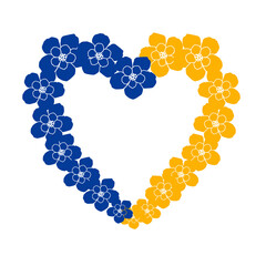 Cute heart with blue and yellow flowers isolated on white background. Emoticons symbol modern, simple, printed on paper. icon for website design