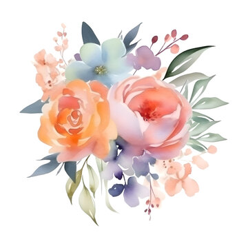 Watercolor bouquet with roses. Handmade. Isolated on white background.