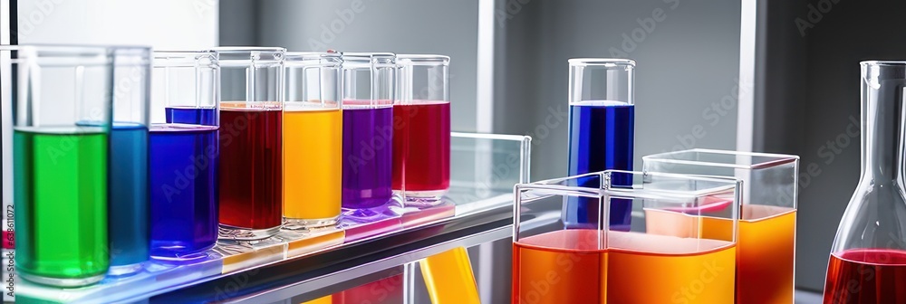 Wall mural lab theme with lab glassware filled colorful liquid and transparent empty podium on gradient backgro