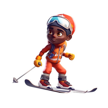 Cute little boy skiing in the mountains. Cartoon character. Vector illustration.