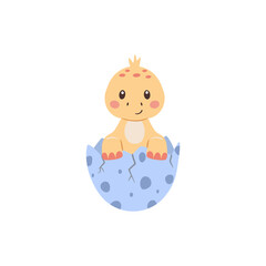 Cute little baby dinosaur in egg. Cartoon vector illustration of animal for kids design.