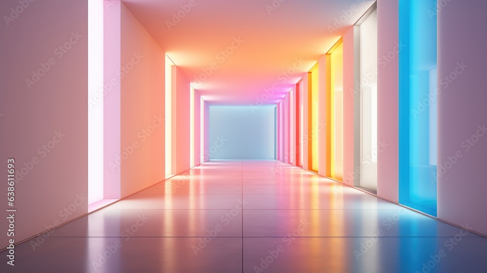 Aufkleber a long hallway with multiple colored lights in it. generative ai.
