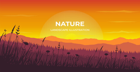 Summer sunset grass silhouette landscape panoramic illustration. Landscape illustration of mountain view with grass in foreground. Landscape illustration for poster, banner