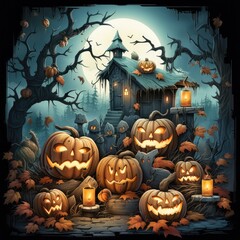 Illustration of Halloween background, old town with haunted house, full moon, glowing pumpkins and witch's house. generative AI