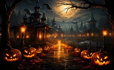 Illustration of Halloween background, old town with haunted house, full moon, glowing pumpkins and witch's house. generative AI