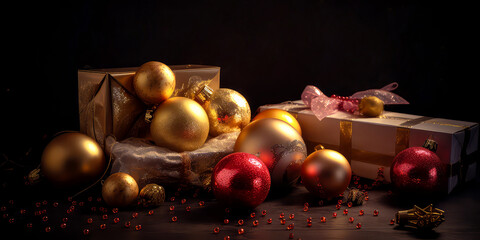 Fototapeta na wymiar Close up of golden christmas balls or bauble with confetti, decoration, for branches, lights, bokeh. Christmas and New 2024 year card. Holidays background with copy space. Generative ai.