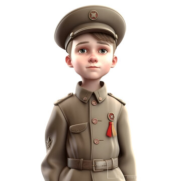 3D Render of a Little Boy in WW2 Army Costume with Red Tie