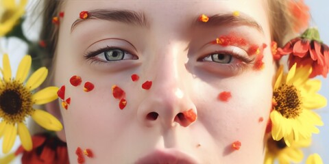 Hay Fever Expression: Sick Female Face with Red Nose and Sniffles, Portraying Allergy Discomfort with Flying Pollen and Flowers, Amid Lively Facial Expressions on a Sun-Kissed White Background