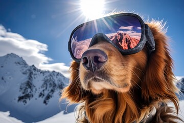 A dog wearing sunglasses is skiing.