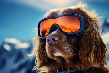 A dog wearing sunglasses is skiing.