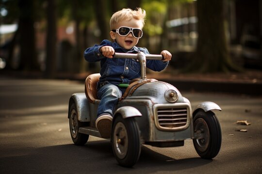 A little kid drives a small pedal car.
