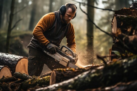 A man is cutting wood in the forest with a chainsaw.